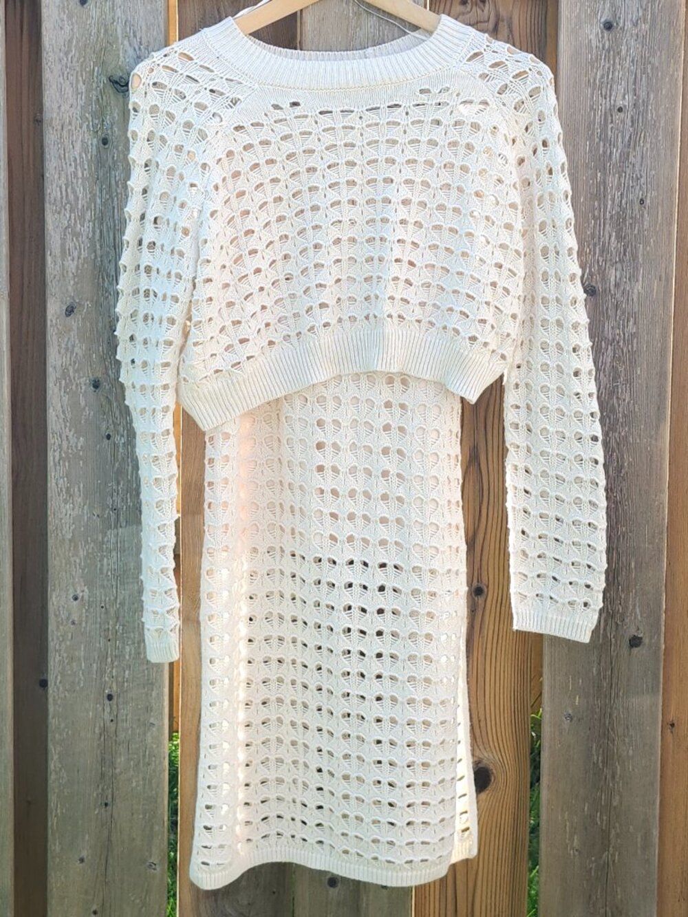 BEAUTIFUL Freshman 1996 cream Crochet knit two-piece Skirt Sweater SET Size Smal